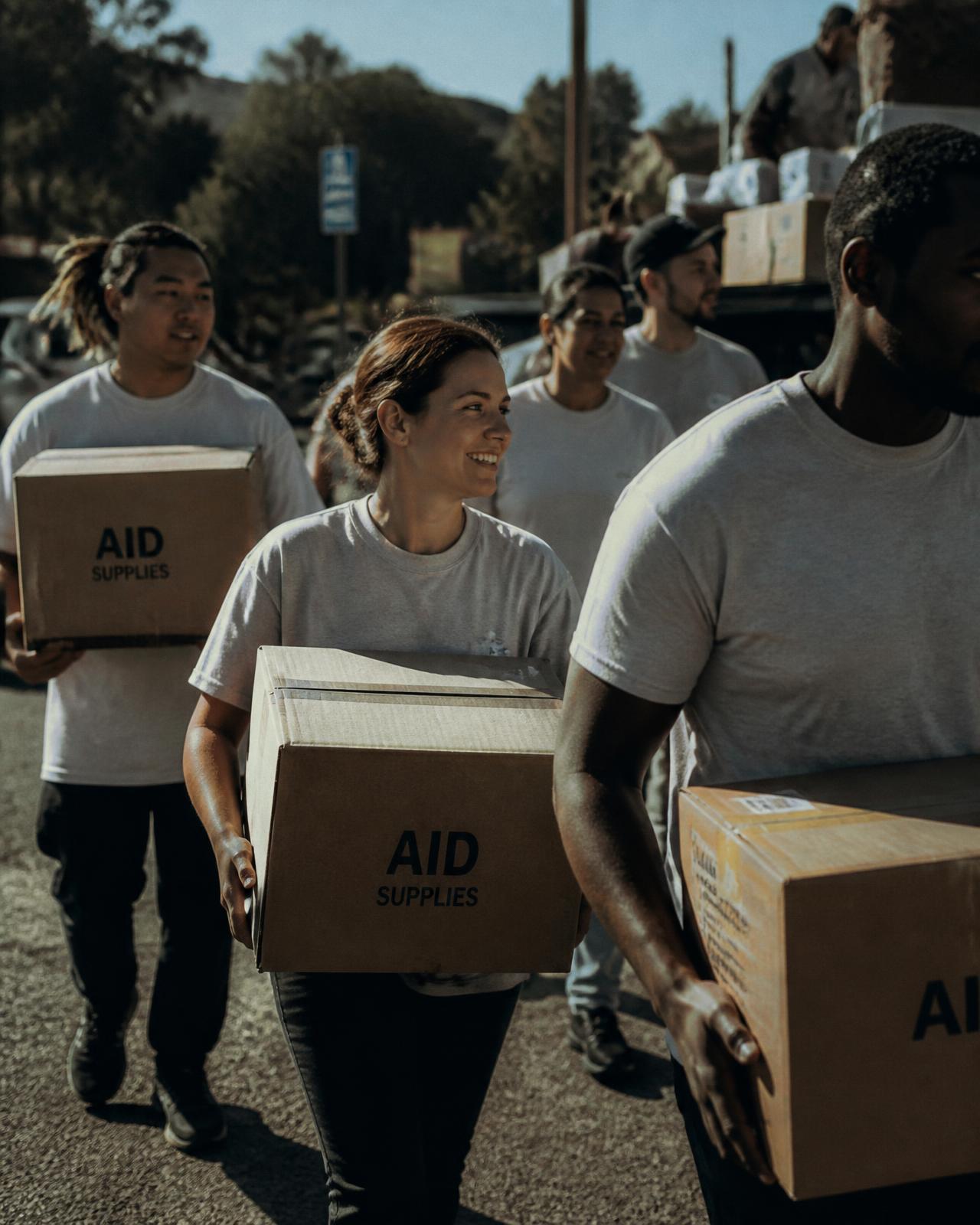 Volunteers carrying supply boxes on a city street